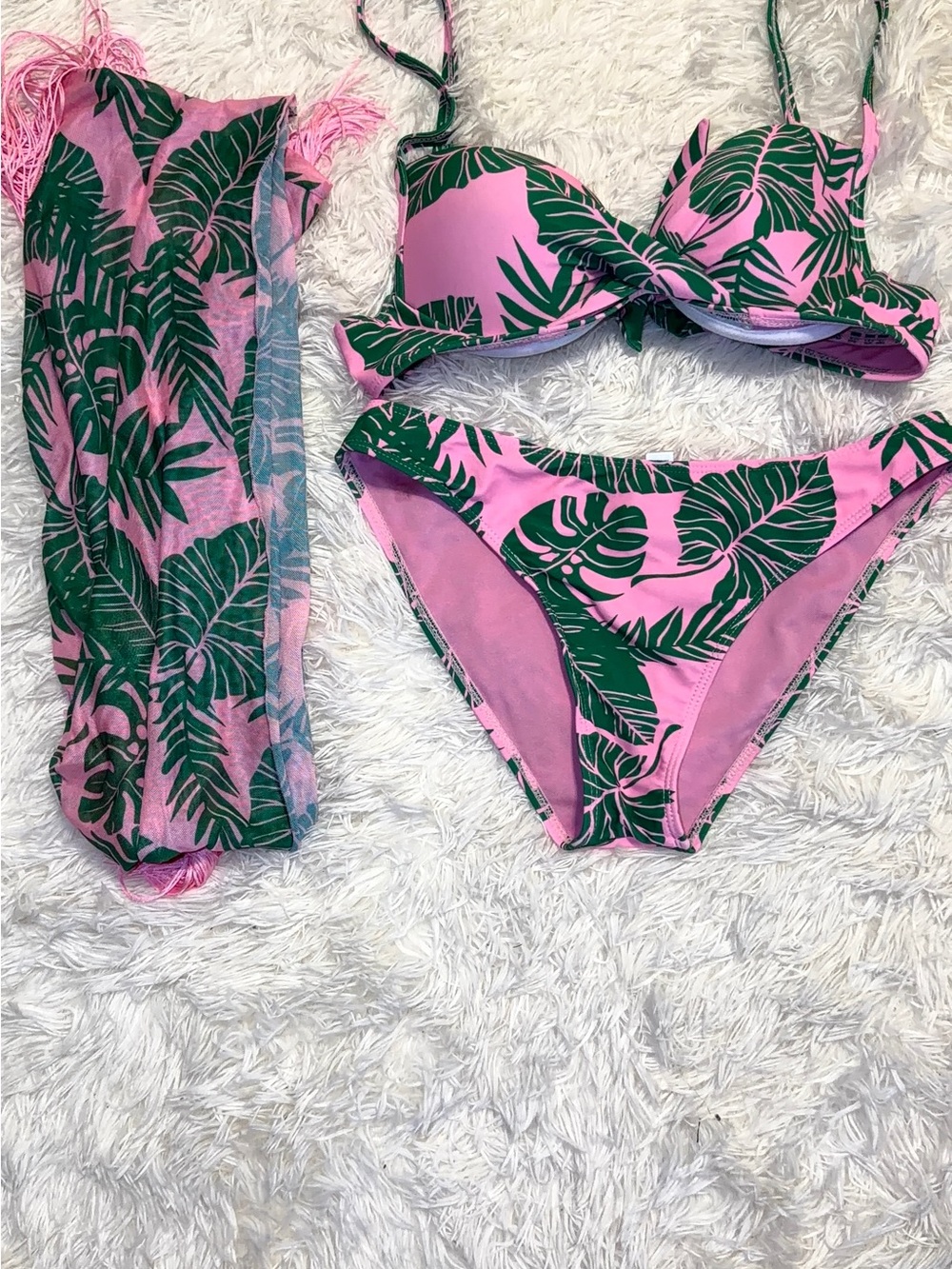 Pink Tropical Leaf Bikini Set with Matching Cover-Up